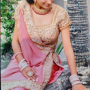 DESIGNER Coral & Gold Silk Embellished Heavy Wedding/reception Lehenga XS